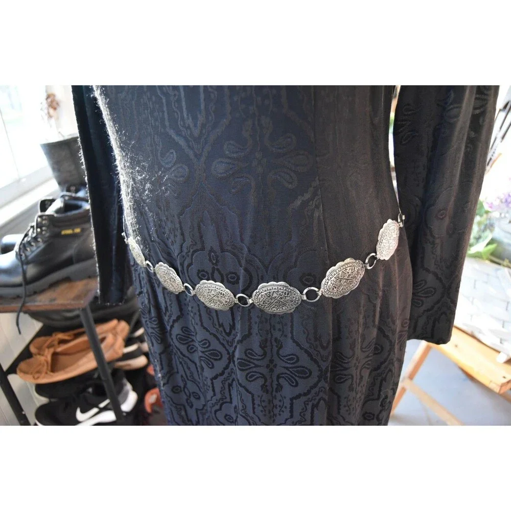Vintage 1980s Santa Fe Dress Black Brocade Lined W Silver Tone Belt Size Medium